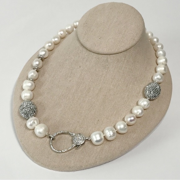 Real 14mm Pearl Necklace Large CZ Clasp Pave Crystal 21" Hand Knotted Chunky VTG - Picture 11 of 15